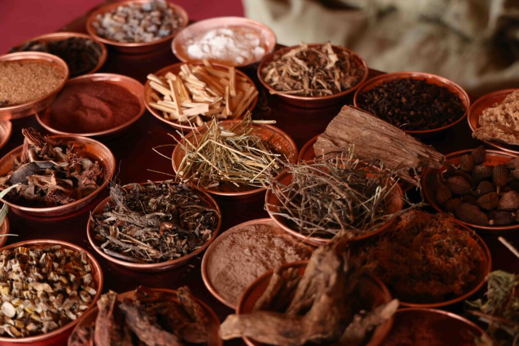 Making Tibetan Incense in Sangpu Village Making Tibetan Incense in Sangpu Village: Woods, dried plants, and powders laid out for incense-making at Sangpu.